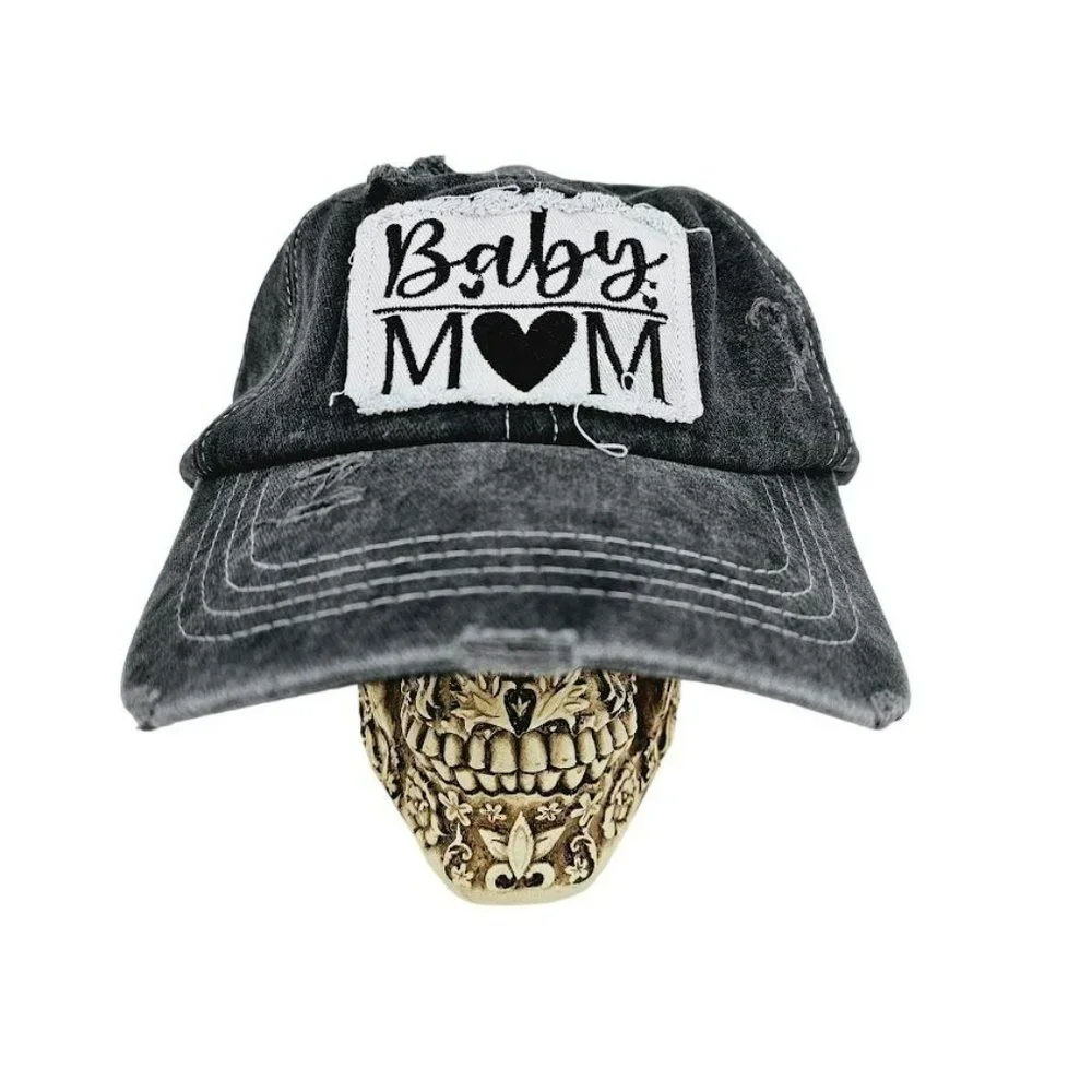 Baby Mom Baseball Hat Cap Grey White Embroidered Patch Distressed Adjustable New